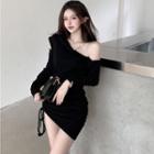 One-shoulder Drawstring Mini Bodycon Dress Black - One Size