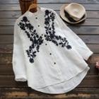 Band Collar Floral Embroidered Shirt