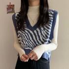 Zebra Print Sweater Vest / Mock-neck Knit Top