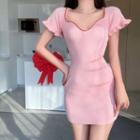 Short-sleeve Ruffle Hem Sheath Dress Pink - One Size