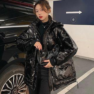 Patent Hooded Padded Zip Jacket Black - One Size
