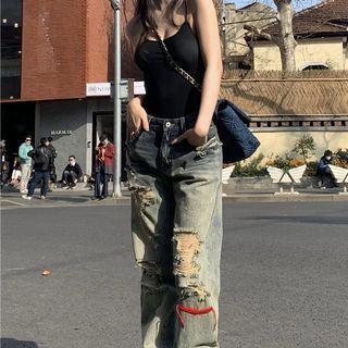 Strappy Camisole Top / Distressed Straight Leg Jeans