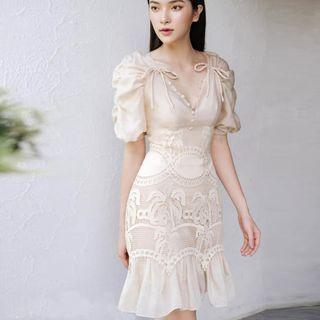 Puff-sleeve Bow Lace Bodycon Dress