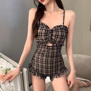 Spaghetti-strap Plaid Ruffled Swimsuit / Swim Dress