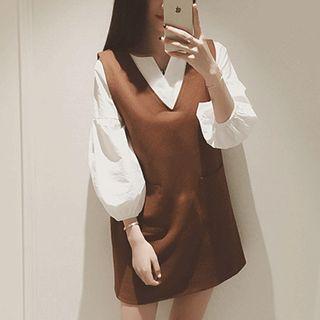 Set: Elbow-sleeve Blouse + V-neck Mini Pinafore Dress