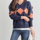 V-neck Wool Blend Argyle Knit Top