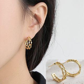 925 Sterling Silver Rhinestone Open Hoop Earring With Silver Ear Plug - 18k - Gold - One Size
