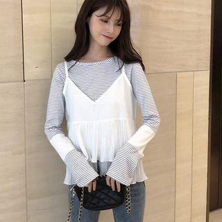 Set: Striped Long-sleeve Top + Camisole Top Blue - One Size