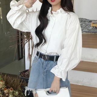 Ruffle Plain Lapel Flare Long-sleeve Shirt