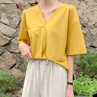 Drop-shoulder Pleated Textured T-shirt