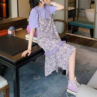 Short-sleeve Crinkled Top / Spaghetti Strap Floral Midi A-line Dress