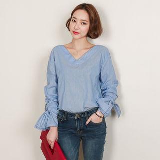 Tie-sleeve Striped Blouse