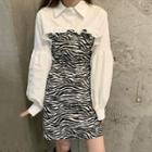 Long-sleeve Cropped Shirt / Spaghetti Strap Zebra Print Mini A-line Dress