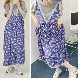 Sleeveless V-neck Lace Floral Print Dress As Figure - One Size
