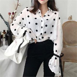 Tie-sleeve Polka-dot Blouse Ivory - One Size