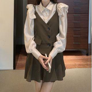 Puff-sleeve Ruffled Blouse / Overall Dress
