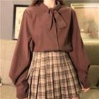 Bow Accent Lantern-sleeve Blouse / Plaid Pleated Skirt