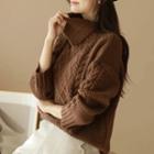 Slit Turtle-neck Cable-knit Sweater