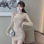 Asymmetric-neckline Sheer-trim Minidress