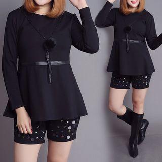 Set: Plain Long Sleeve Peplum Top + Sequined Shorts