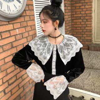 Long-sleeve Lace Panel Velvet Top Black - One Size
