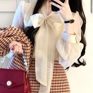 Tie-neck Blouse / Houndstooth Jacket / Mini Pencil Skirt