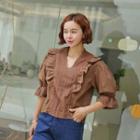 Puff-sleeve Frilled Laced Blouse Brown - One Size
