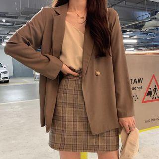 Double-breasted Blazer / Plaid Mini A-line Skirt / Set