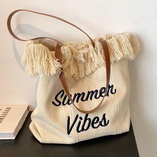 Lettering Fringed Tote Bag Beige - One Size