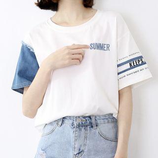 Letter Embroidered Denim Panel Short-sleeve T-shirt