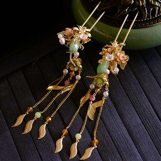 Wedding Retro Faux Pearl Flower Fringed Hair Stick 1 Pair - Gold Hair Stick - One Size