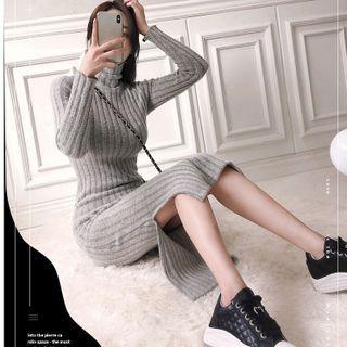 Long-sleeve Turtleneck Ribbed Knit Midi Sheath Dress