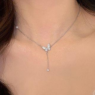 Rhinestone Butterfly Necklace 1 Pc - Silver - One Size