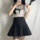 Short-sleeve Lace Trim Blouse / Mini Pleated Skirt
