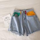 Color Block Frayed Hem Wide-leg Denim Shorts