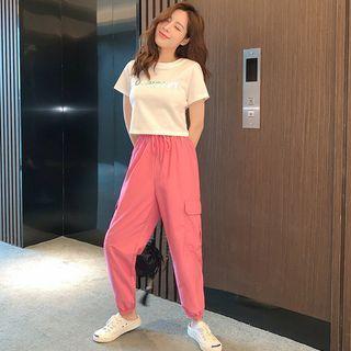 Set: Cargo Jogger Pants + Short-sleeve Lettering T-shirt