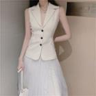 Collared Button Vest / Mesh Midi A-line Skirt