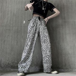 Leopard Print Wide-leg Drawstring Pants White - One Size