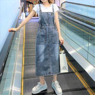 Set: Short-sleeve T-shirt + Denim Midi A-line Overall Dress