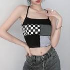 Checker Panel Square Neck Cropped Camisole Top