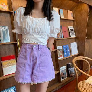 Puff-sleeve Tie Back Plain Blouse / High-waist Denim Short