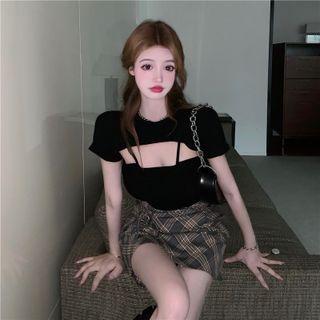 Short-sleeve Cut-out Top / Plaid Mini Pencil Skirt