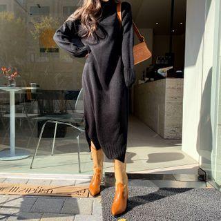 Turtle-neck Knit Dress Black - One Size