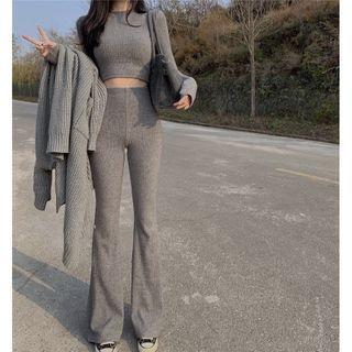 Long-sleeve T-shirt / Open Front Midi Cardigan / Boot-cut Pants