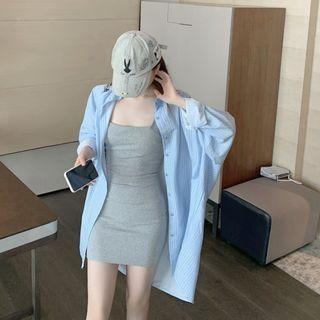 Square-neck Mini Bodycon Tank Dress / Pinstriped Long-sleeve Shirt