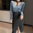 Crochet Choker-neck Long-sleeve Velvet Top / Midi A-line Slit Skirt