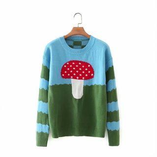 Mushroom Print Sweater Blue & Green - One Size