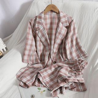 Set: Elbow-sleeve Plaid Blazer + Shorts