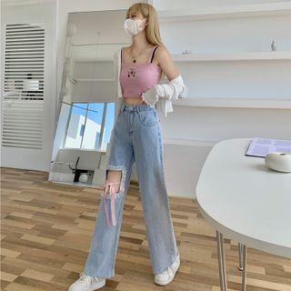 Cutout Frill Trim Straight Leg Jeans
