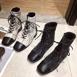 Square-toe Tweed Panel Lace-up Short Boots